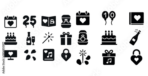 Black and white romantic anniversary celebration icons set