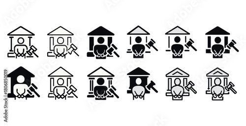 Judiciary icons set featuring various courtroom symbols with jud
