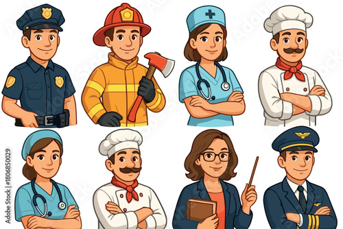 Characters in various uniforms show diverse professions. Set of 6 vector illustration