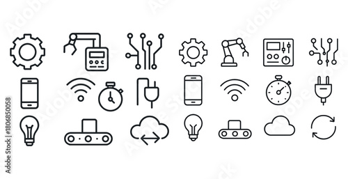Industrial and technology icons set including gears, robots, and