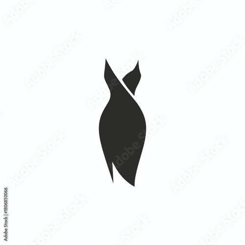 A stylized black dress silhouette against a white background with a crossed bodice