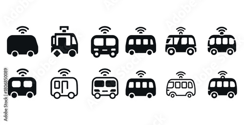 Set of autonomous vehicle icons highlighting various bus and van
