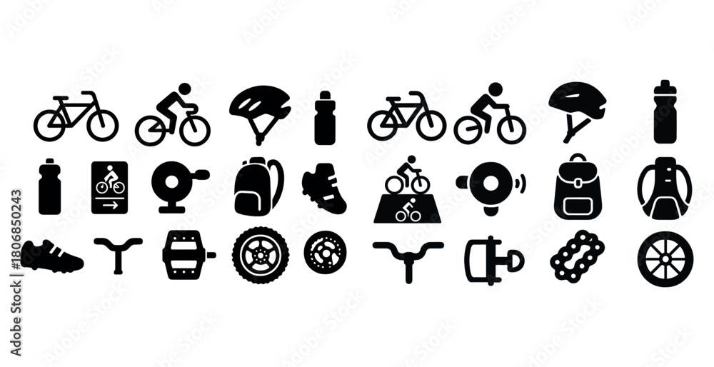 Fototapeta premium Cycling icons collection: bikes, helmets, accessories, and gear