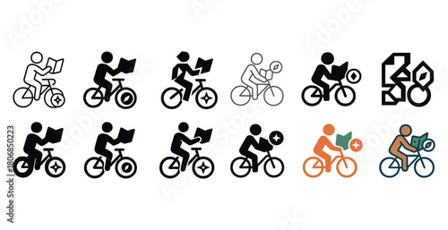 Diverse bike rider icons with maps in various styles and colors
