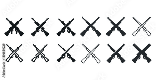 Set of crossed rifle icons in various styles and designs