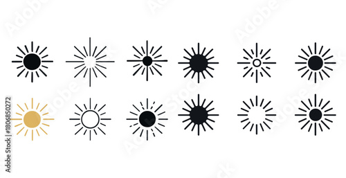 Variety of sun icons: black, white, gold designs in multiple sty