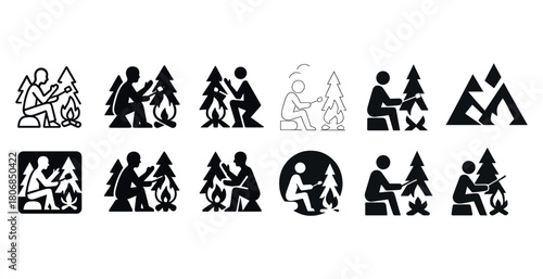Camping icon set: variations of figures sitting by campfire with