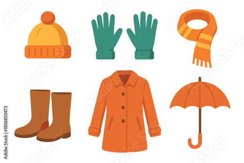 Warm winter clothing essentials for cold weather preparation. Set of 6 vector illustration