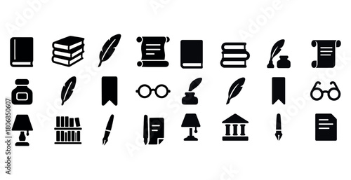 Library and writing icons set: books, quills, glasses, scrolls,
