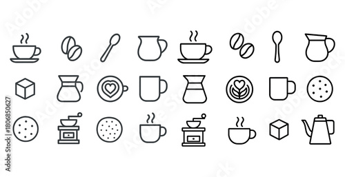 Coffee icons set: mugs, beans, cups, and cafetières in simple li