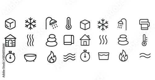 Minimalist line icons of sauna, shower, ice cube, thermometer, f