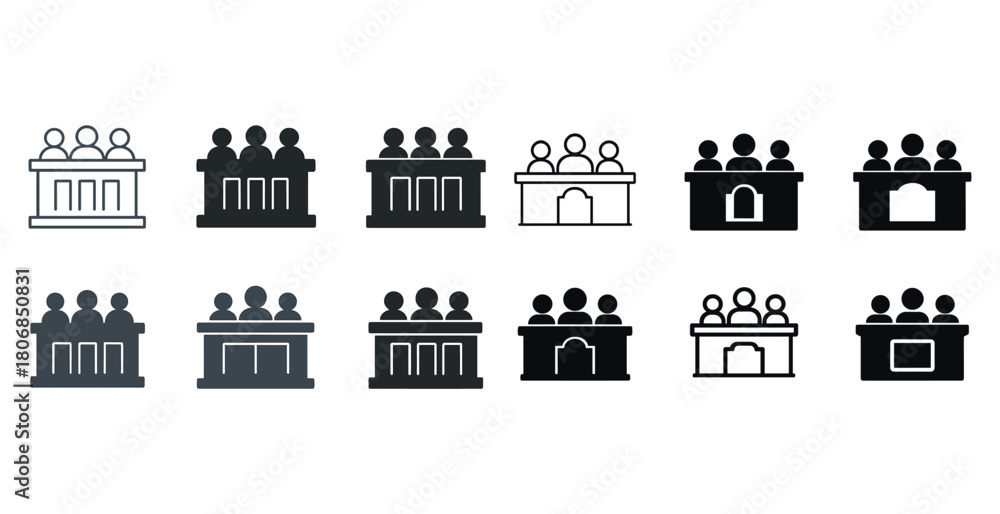 Fototapeta premium Courtroom icon set: diverse styles of people in judicial setting