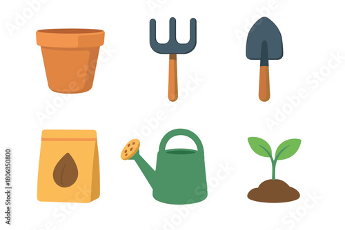 Gardening tools and supplies for planting and nurturing plants. Set of 6 vector illustration