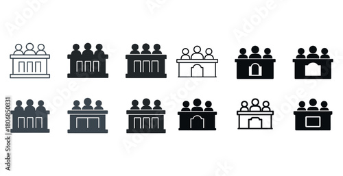 Courtroom icon set: diverse styles of people in judicial setting