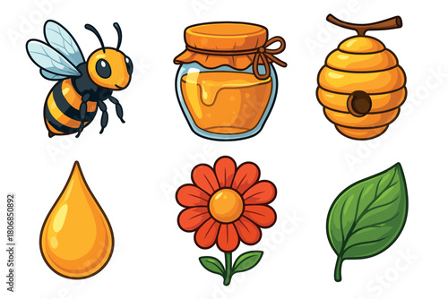 Honey bee and products displaying natures sweet bounty. Set of 6 vector illustration