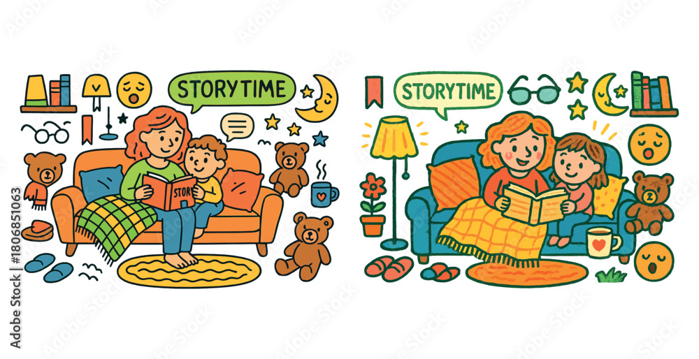 Naklejka premium Storytime with mother and child on cozy sofa surrounded by warm