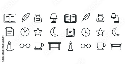 Minimalist icons set: literature, time, and home elements