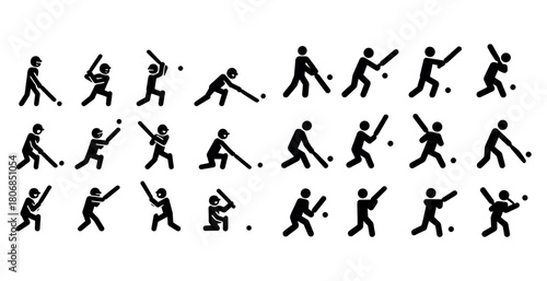 Silhouette icons of people engaged in various batting actions in