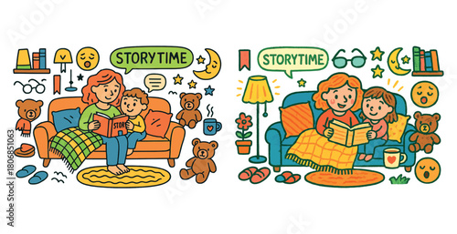 Storytime with mother and child on cozy sofa surrounded by warm