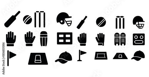 Silhouettes of cricket and baseball equipment icons on white bac