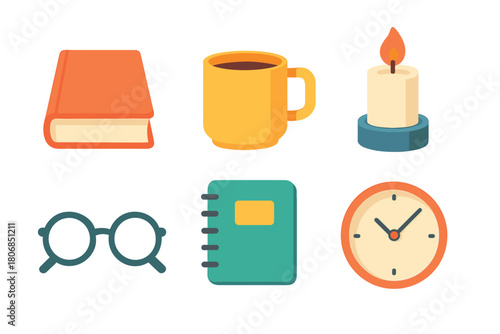 Cozy study setup with book, coffee, candle, glasses, and clock. Set of 6 vector illustration