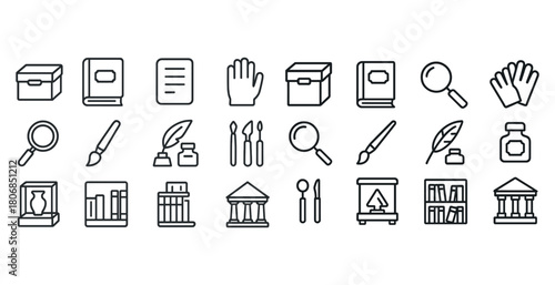 Collection of vintage office and writing tools line art icons