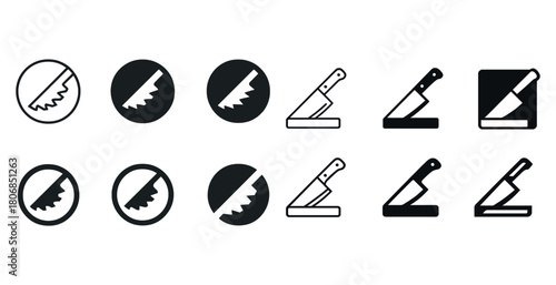 Knife and saw blade icons set in various styles
