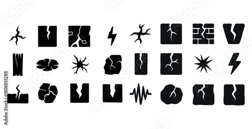 Collection of various cracked and broken icon designs in black a