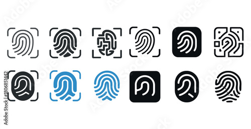 Collection of fingerprint icons in black and blue variations for