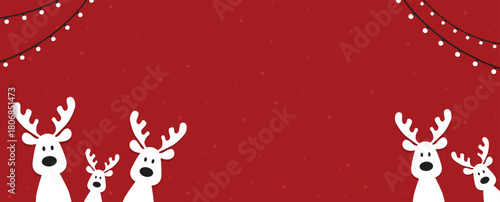Cute Christmas reindeer on a red background. Christmas background, banner, or card. New trending vector illustration.