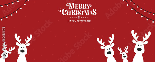 Cute Christmas reindeer on a red background. Christmas background, banner, or card. New trending vector illustration.