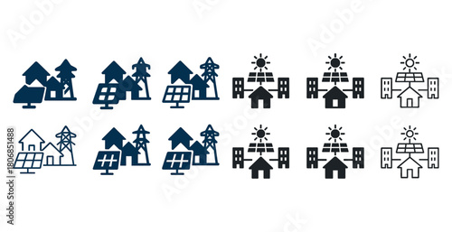 Solar energy icons featuring eco-friendly houses, solar panels,