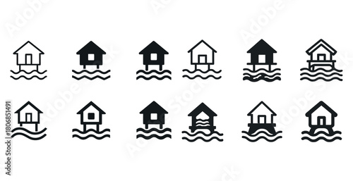 Set of black house icons with waves in various styles