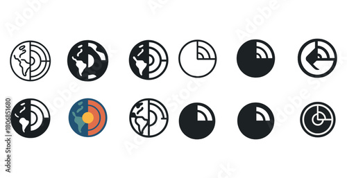 Geometric earth and signal icons set in black and color