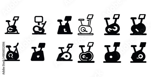 Set of black and white stationary bike icons for fitness designs