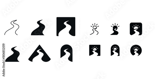 Abstract curved silhouette logos in black and white design varia