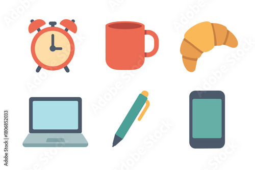 Morning routine with clock, cup, croissant, laptop, pen, and phone. Set of 6 vector illustration