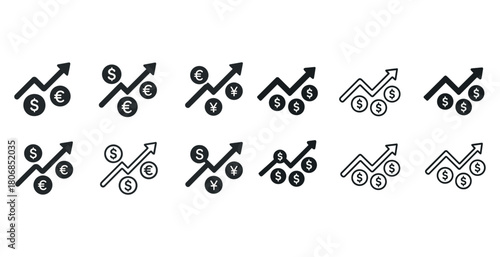 Currency exchange rate icons featuring dollar, euro, pound, yen