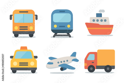 Modes of transportation for travel and logistics design. Set of 6 vector illustration