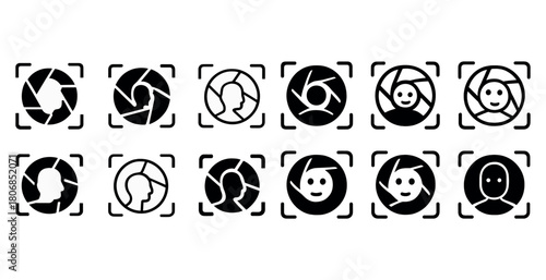 Set of camera lens icons with silhouette and emoji designs