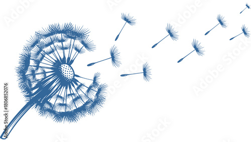 A delicate dandelion vector art on a white background, featuring fine lines and soft details. The floating seeds evoke a sense of freedom, renewal, and nature's fleeting beauty in a minimalist design.