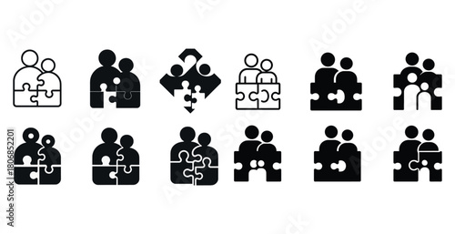 Abstract puzzle family icons set representing connection and uni