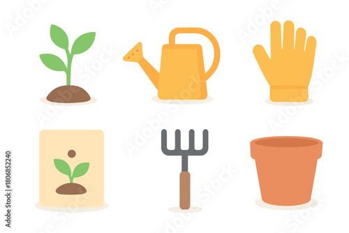Gardening tools and essentials for effective planting and care. Set of 6 vector illustration