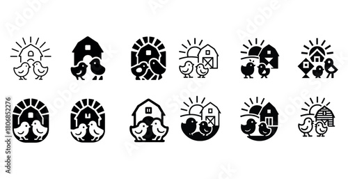 Minimalist farm animal icons collection featuring chickens and b