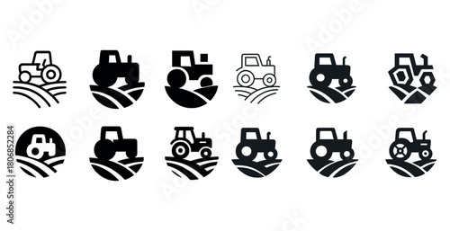 Collection of tractor icons with various designs and farming the