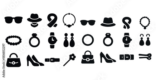 Fashion accessory icons: hats, jewelry, watches, sunglasses, sho