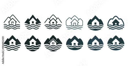 Set of minimalist house and mountain logos with waves