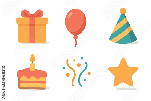 Colorful birthday celebration elements for festive occasions. Set of 6 vector illustration