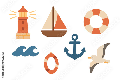 Nautical design with lighthouse, sailboat, and waves. Set of 6 vector illustration