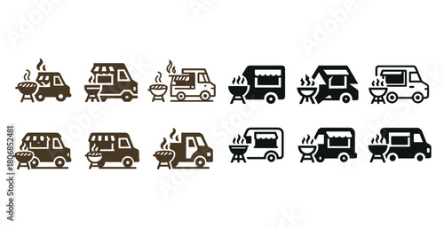 Food truck and grill icons in various styles on white background